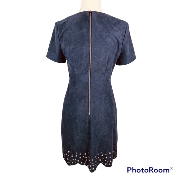 NWT Sugar + Lips Navy Faux Suede Dress Pewter Grommet Hem Fit & Flair Size Small - Picture 3 of 16